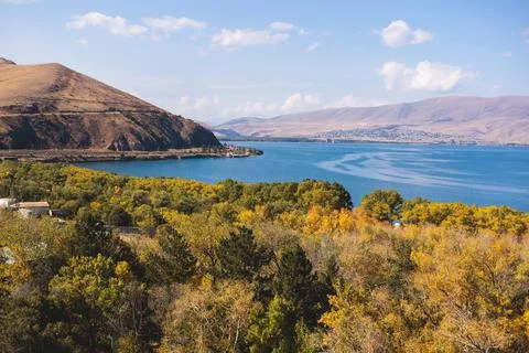Sevan Lake, Armenia, beautiful aerial panoramic view of Sevan Lake, Geghark.. Stock Photos