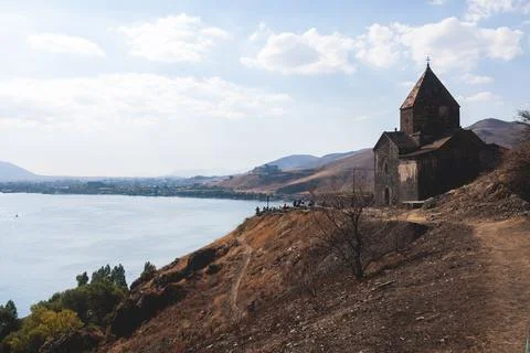 Sevan Lake, Armenia, beautiful aerial panoramic view of Sevan Lake, Geghark.. Stockfoto's