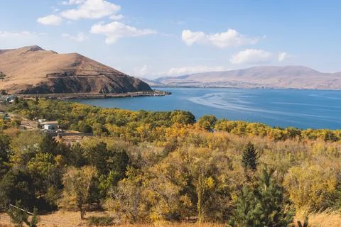 Sevan Lake, Armenia, beautiful aerial panoramic view of Sevan Lake, Geghark.. Stock Photos