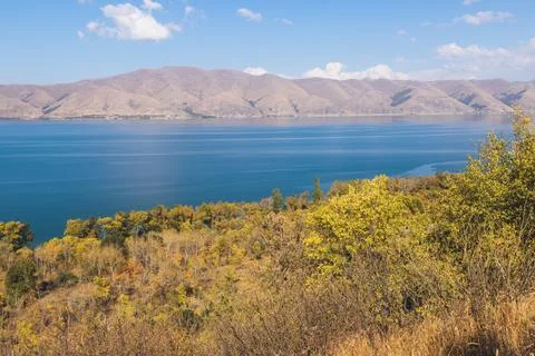 Sevan Lake, Armenia, beautiful aerial panoramic view of Sevan Lake, Geghark.. Stock Photos
