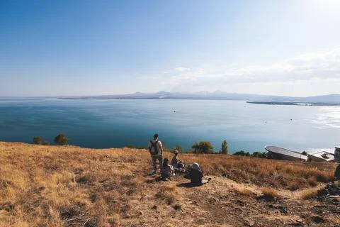 Sevan Lake, Armenia, beautiful aerial panoramic view of Sevan Lake, Geghark.. Stock Photos