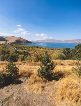 Sevan Lake, Armenia, beautiful aerial panoramic view of Sevan Lake, Geghark.. Stock Photos