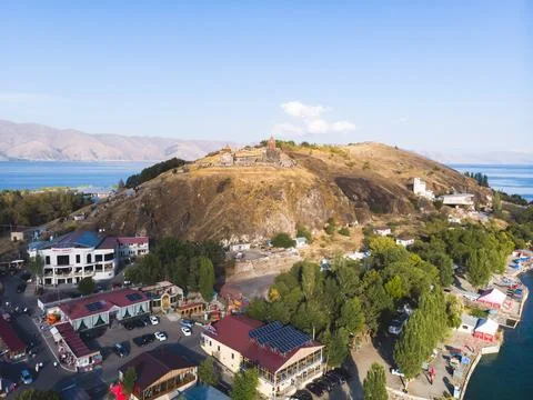 Sevan Lake, Armenia, beautiful aerial panoramic view of Sevan Lake, Geghark.. Stock Photos