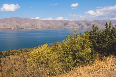 Sevan Lake, Armenia, beautiful aerial panoramic view of Sevan Lake, Geghark.. Stock Photos