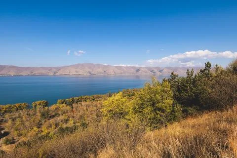 Sevan Lake, Armenia, beautiful aerial panoramic view of Sevan Lake, Geghark.. Stockfoto's