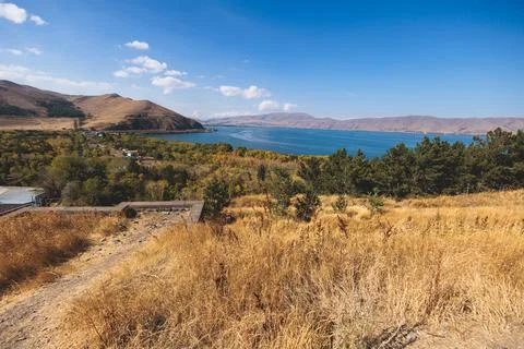 Sevan Lake, Armenia, beautiful aerial panoramic view of Sevan Lake, Geghark.. Fotos Stock