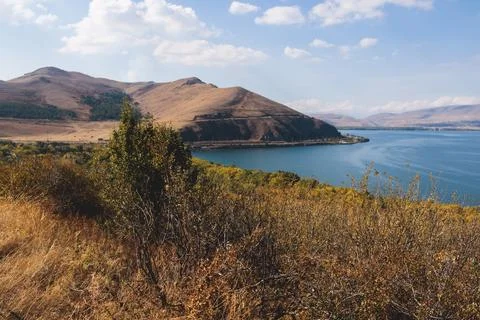 Sevan Lake, Armenia, beautiful aerial panoramic view of Sevan Lake, Geghark.. Stock Photos