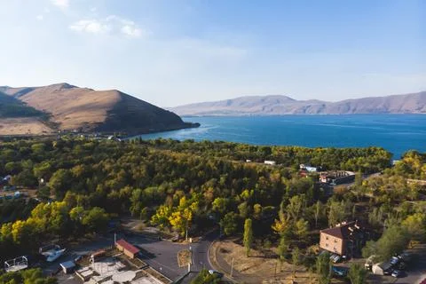 Sevan Lake, Armenia, beautiful aerial panoramic view of Sevan Lake, Geghark.. Stock Photos