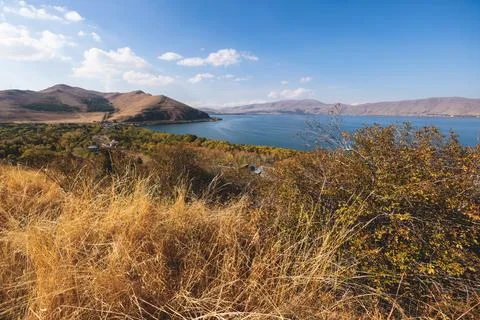 Sevan Lake, Armenia, beautiful aerial panoramic view of Sevan Lake, Geghark.. Stockfoto's