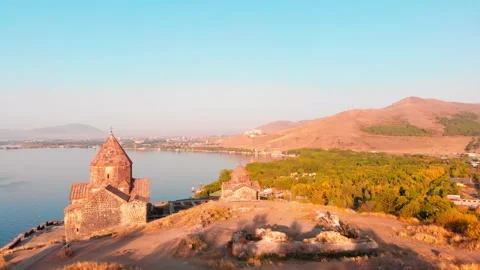 Sevanavank armenian monastery complex in Sevan city with blue lake panorama a Stock Footage 202287042