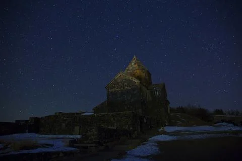Sevanavank on the background of the night starry sky. 스톡 사진