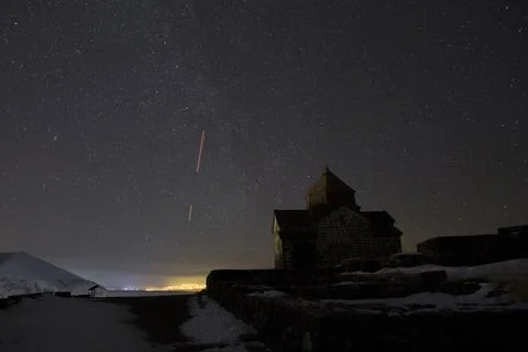 Sevanavank on the background of the night starry sky. Stock-Fotos