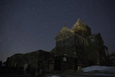 Sevanavank on the background of the night starry sky. 스톡 사진