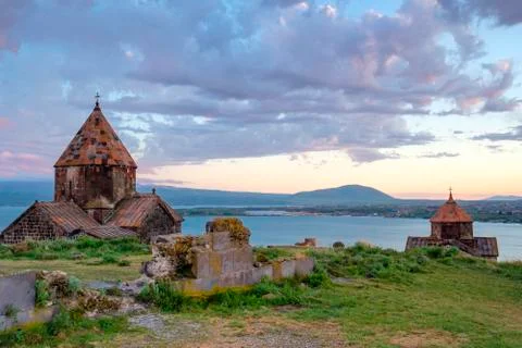 Sevanavank church on Lake Sevan at sunset, Sevan, Gegharkunik Province, Armenia Stock Photos