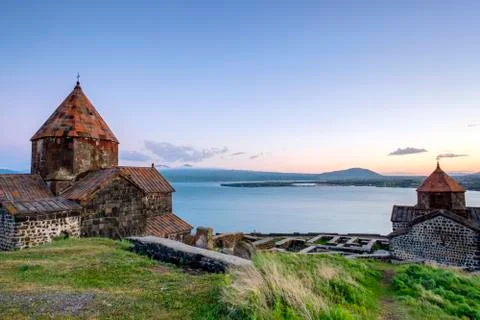 Sevanavank church on Lake Sevan at sunset, Sevan, Gegharkunik Province, Armenia Stock Photos