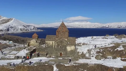 Sevanavank Monastery and Lake Stock Footage 71847205