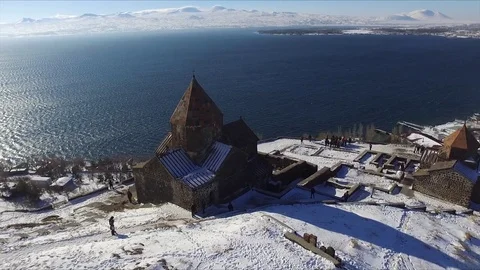 Sevanavank Monastery and Lake Stock Footage 71847622