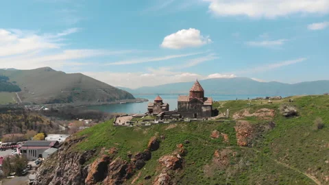 Sevanavank Monastery on Lake Sevan, Armenia. Flying forward to the Temple. Stock Footage 195331510