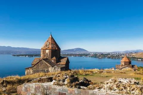 Sevanavank monastery on the North-West coast of lake Sevan, Armenia. Stock Photos