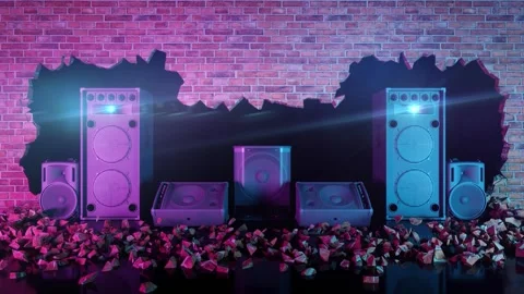 Seven acoustic systems located in a crack in a brick wall in neon lighting Video stock 314114537