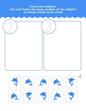 Seven And Three Count And Tracing Number Worksheet. Cut And Paste Worksheet.. Stock Illustration