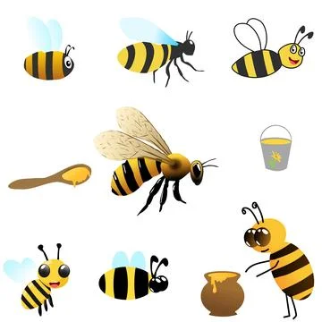 Seven bee icons. different bees from cartoon to realistic style. Stock Illustration