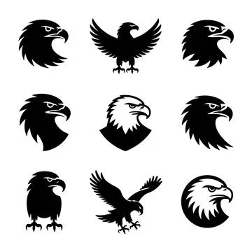Seven black eagle silhouettes in various poses bird Stock Illustration