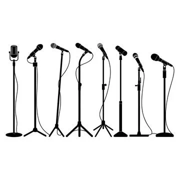 Seven Black Microphone Stands with Different Microphones on White Background Stock Illustration