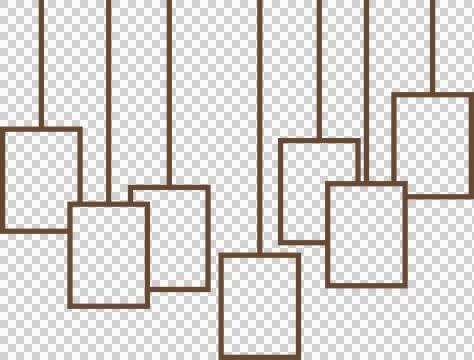 Seven brown outlined frames are hanging by thin cords in flat design on Stockillustratie