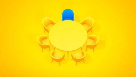 Seven Chairs Around of the Circle Table. Top View. Business concept. 3D Render. Stock Illustration