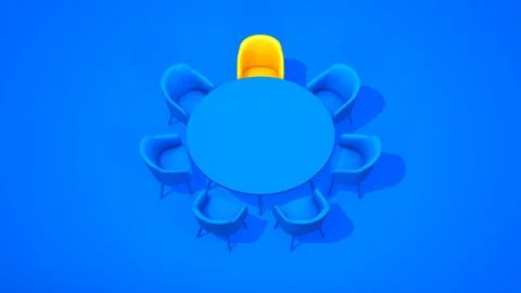 Seven Chairs Around of the Circle Table. Business concept. 3D Render. Stock Illustration