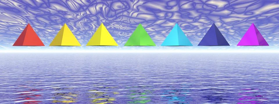Seven chakra pyramids - 3D render Stock Illustration