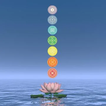 Seven chakra symbols column - 3D render Stock Illustration