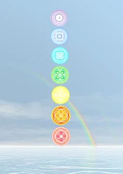 Seven chakra symbols column - 3D render Stock Illustration