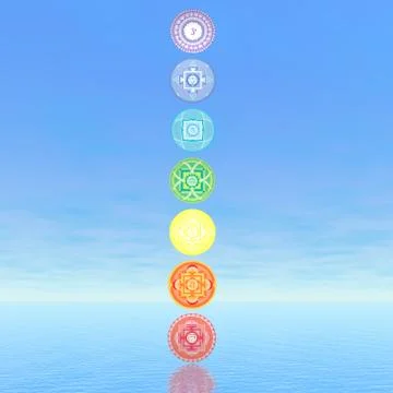 Seven chakra symbols column - 3D render Stock Illustration