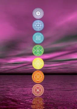 Seven chakra symbols column - 3D render Stock Illustration