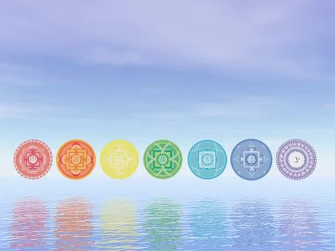 Seven chakra symbols line - 3D render Stock Illustration