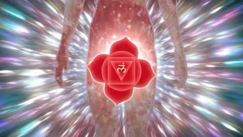 Seven Chakras in Human Body with Muladhara Root Chakra and Shining Aura Rays Ani Stock Footage 274268201