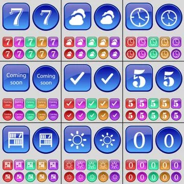 Seven, Cloud, Clock, Coming soon, Tick, Five, Bookshelf, Light, Zero. A large se Stock Illustration