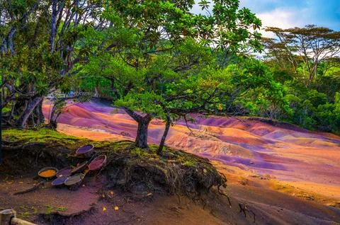 Seven Colored Earth dunes at Chamarel Geopark, Mauritius, Africa Stock Photos