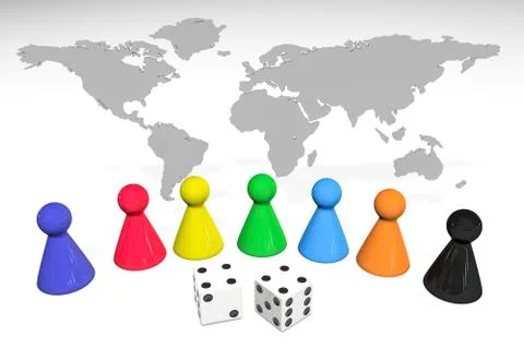 Seven colored plastic board game pieces. world map Stock Illustration