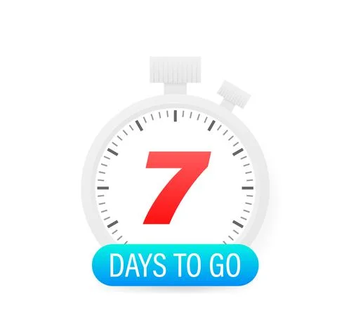 Seven days to go timer icon on white background. Illustrazione stock