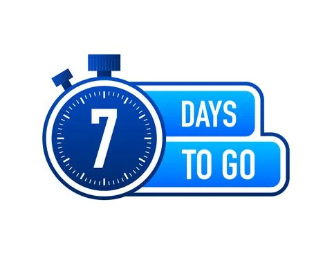 Seven Days To Go Timer Label, blue emblem banner. Vector illustration. 스톡 일러스트