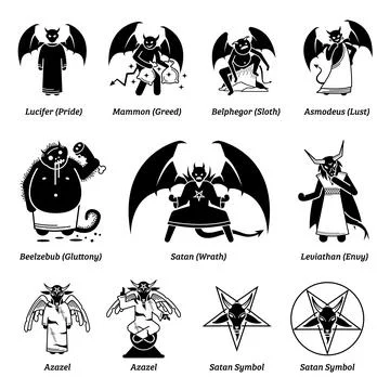 Seven deadly sins devils and Satan. Vector illustrations of Lucifer Pride, Ma 스톡 일러스트