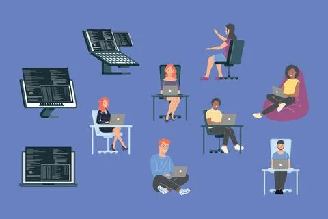 Seven developers working Stock Illustration
