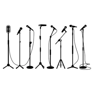 Seven different types of microphones on stands in black and white Stock Illustration