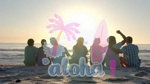Seven friends sitting on sand facing ocean, aloha graphic fading in and syncing Video stock 333774367