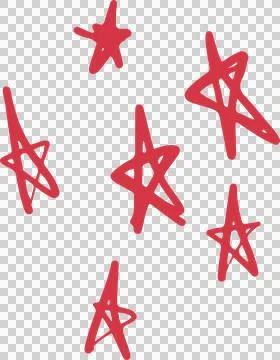 Seven hand-drawn red star doodles are being scattered over transparent Illustrazione stock