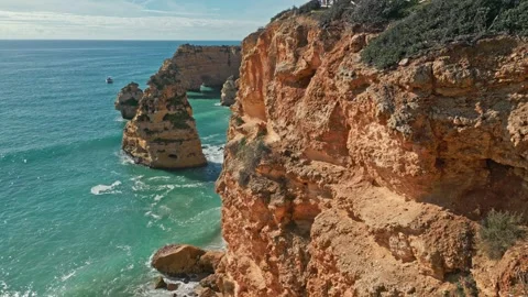 Seven Hanging Valleys Cliff View Algarve Portugal 4K Drone Stock Footage 263094990
