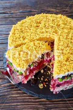 Seven layered cake salad on a plate Stock Photos